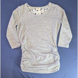 Faded Glory Women's Gray Heathered 3/4 Sleeve Top with Lace Back Detail Size S